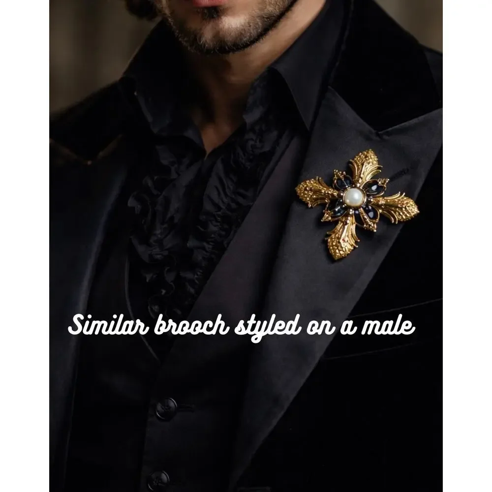 Maltese Cross Brooch Gold Tone Black Gothic Vampirecore Dark Academia Dramatic
